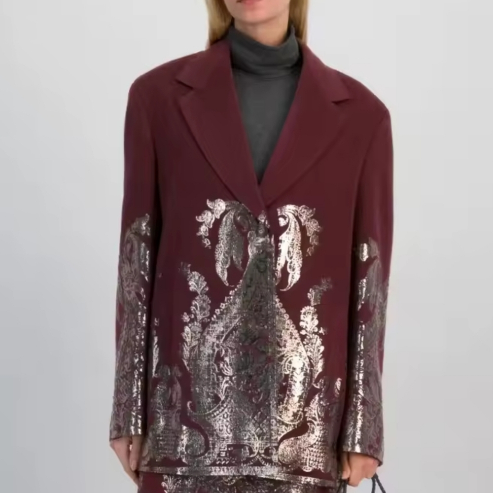 Burgundy Printing Blazers For Women Notched Collar Long Sleeve Patchwork Single - Picture 2 of 11
